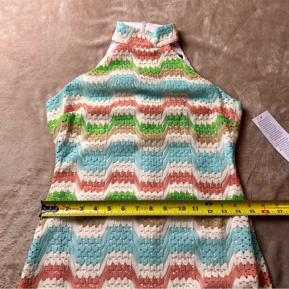 DONNA MORGAN Colourful Crochet Knit Mock Neck Fitted Midi Dress - Size 0 - Picture 15 of 16